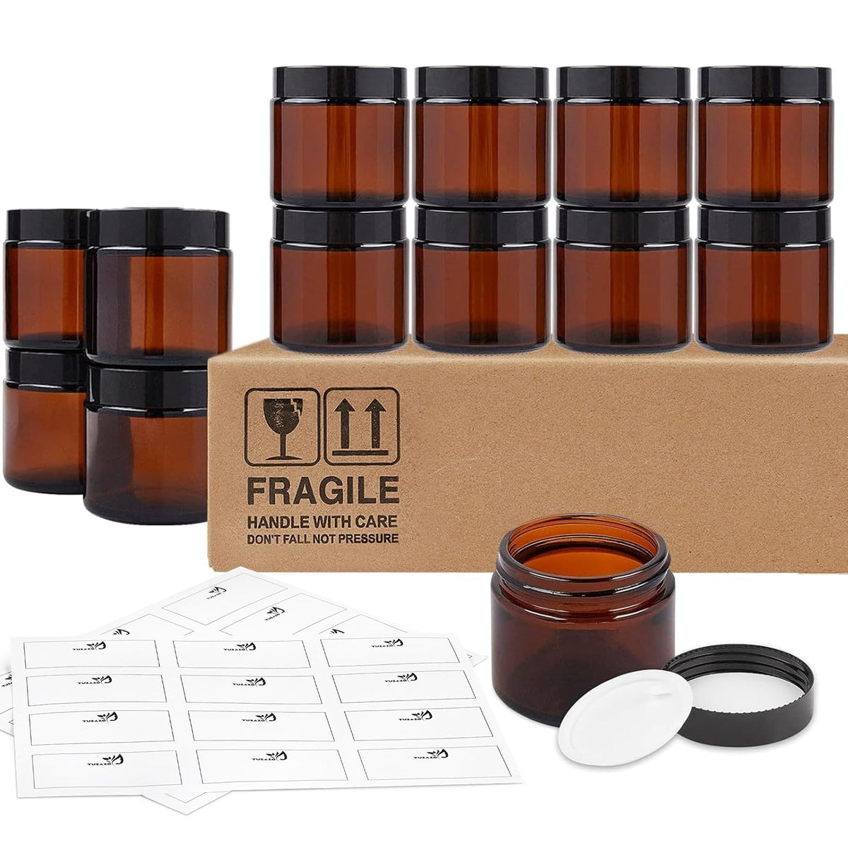 TUZAZO 2oz amber glass jar with outer lid, travel-friendly storage.