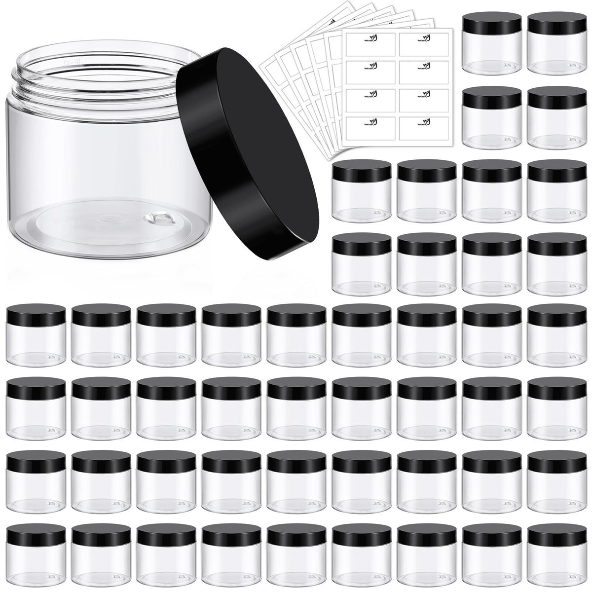 TUZAZO 48-pack 6oz jars with lids for bulk cosmetic storage and samples.