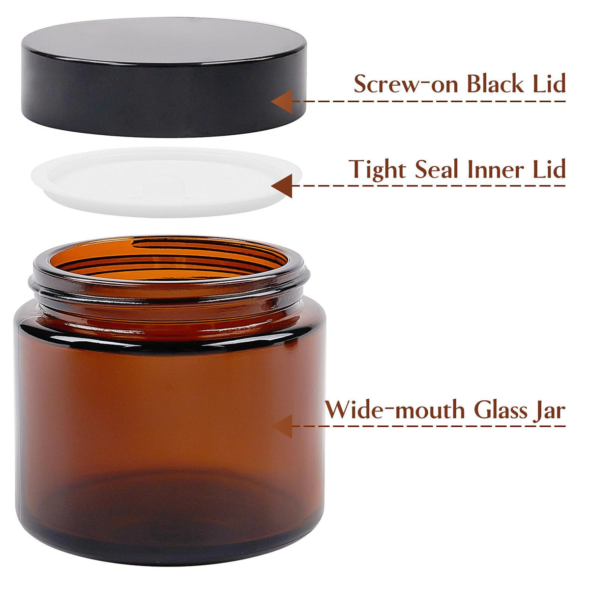 TUZAZO amber jar seal emphasizes leakproof performance for creams and oils.
