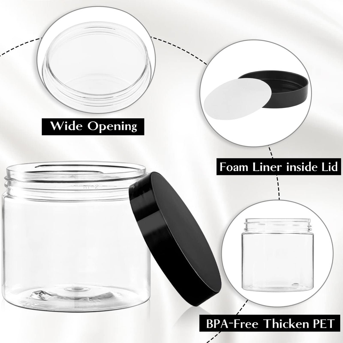 Tuzazo black lids on clear jars emphasize organized, spill-free travel storage.