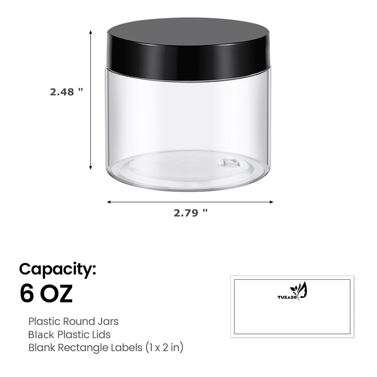 Tuzazo clear 6oz container close-up highlighting portable handbag-friendly size.