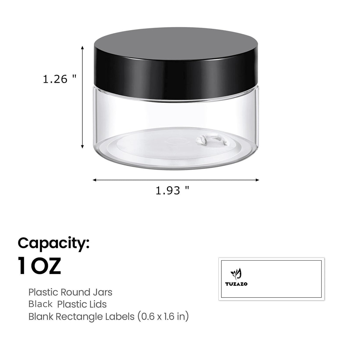 Tuzazo clear plastic 1oz jars showing contents clearly for cosmetics.