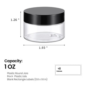 Tuzazo clear plastic 1oz jars showing contents clearly for cosmetics.