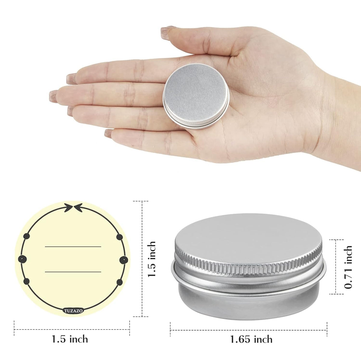 TUZAZO silver aluminum tin container showing leakproof screw lid
