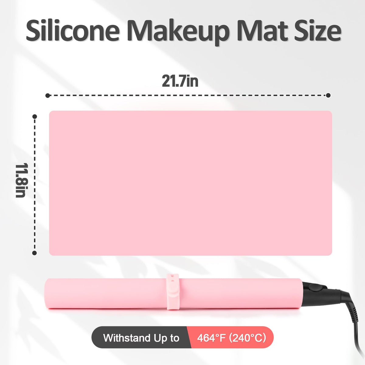 TWAKAP pink silicone mat under curling iron demonstrates heat resistance up to 464°F.