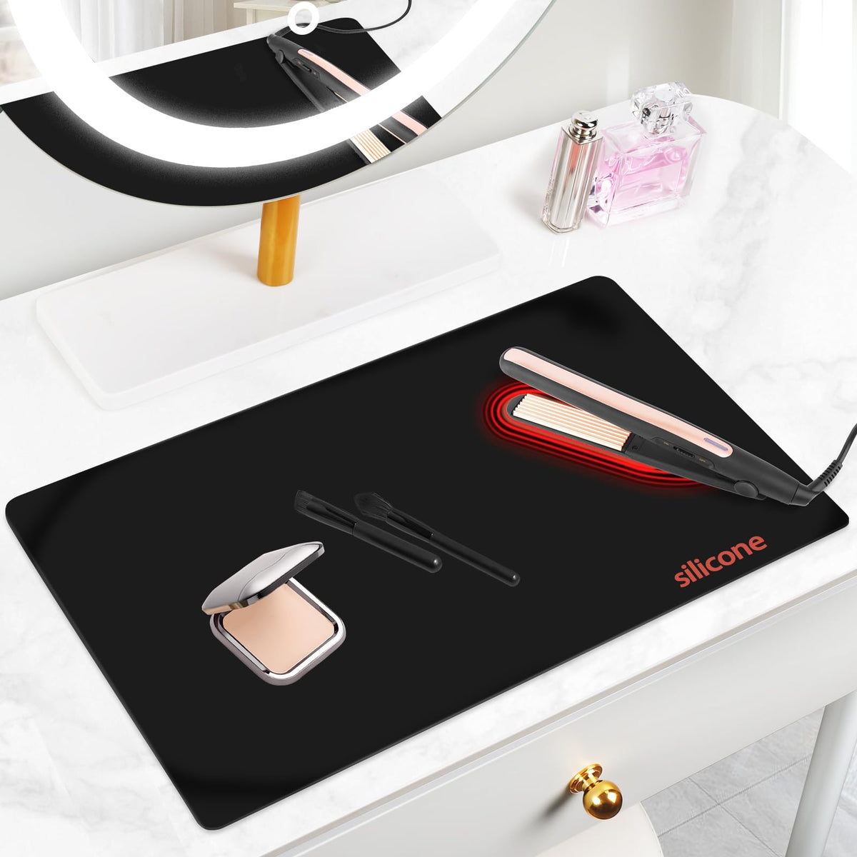 TWAKAP silicone makeup mat on vanity keeps cosmetics organized and surfaces protected.