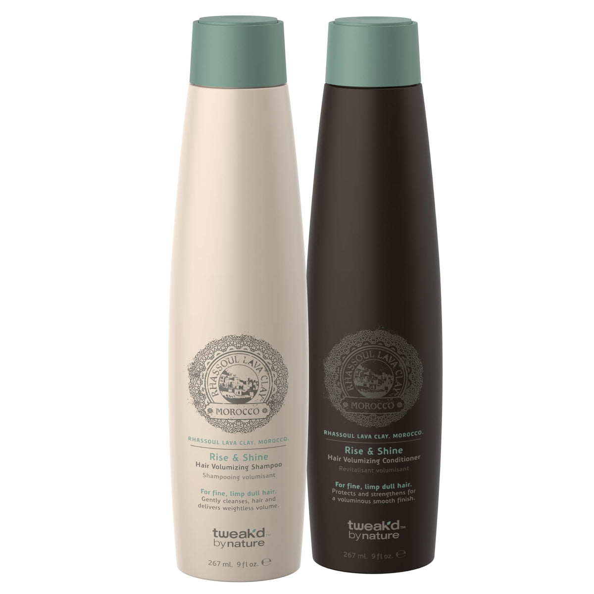 Tweak'd by Nature Rise & Shine shampoo bottle demonstrates volumizing formula for fine hair