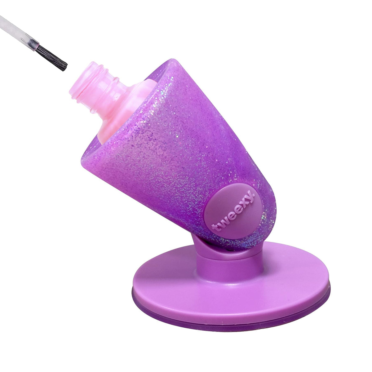 Tweexy Hinge anti-spill bottle holder in tilted view provides a stable polish setup.