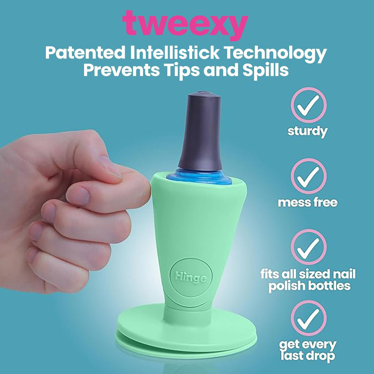 Tweexy Hinge with IntelliStick airlock suction secures the bottle on any surface.
