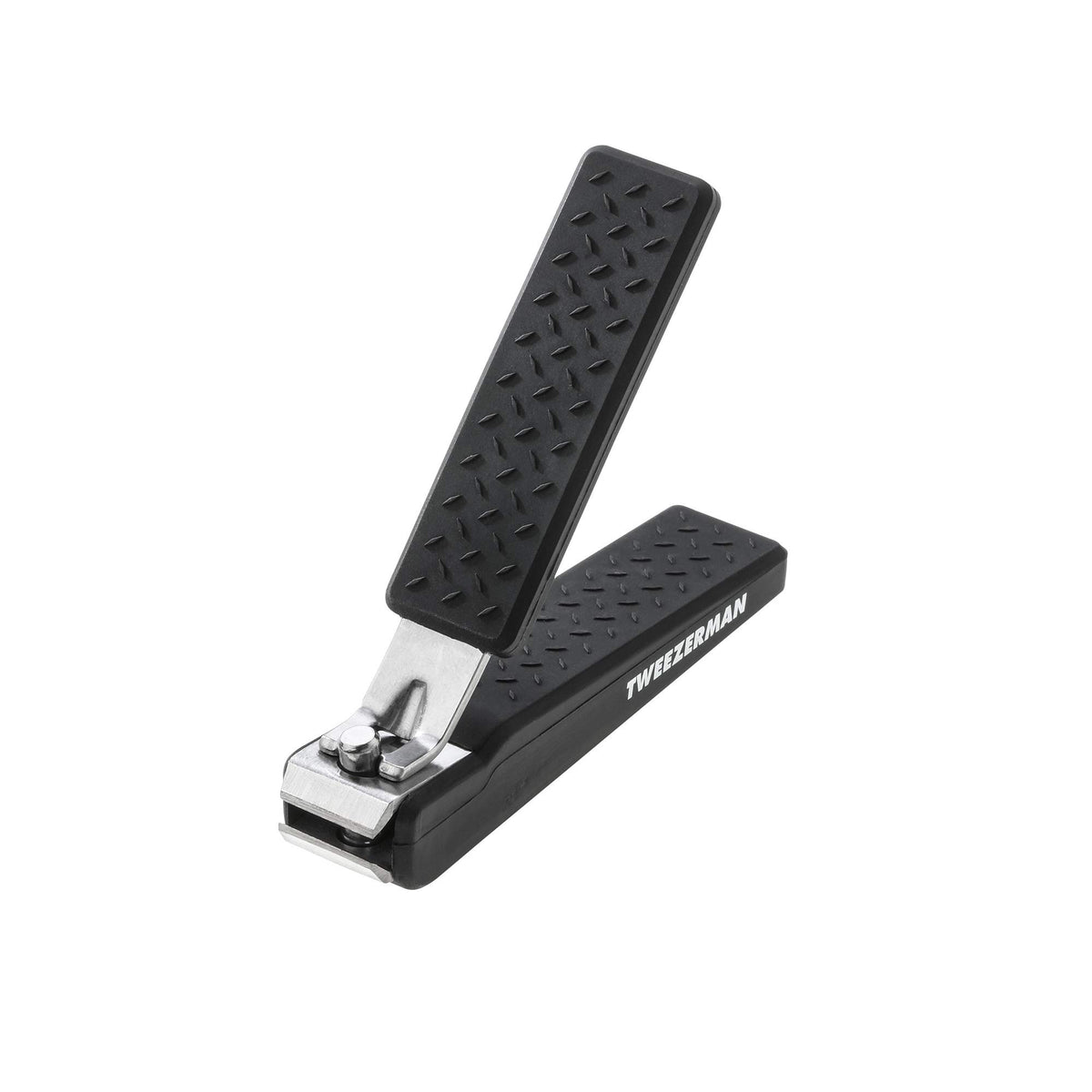 Tweezerman black clipper with compact storage-ready design for travel.