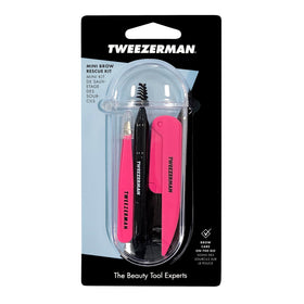 Clear travel case with Tweezerman tools for travel-ready brow care
