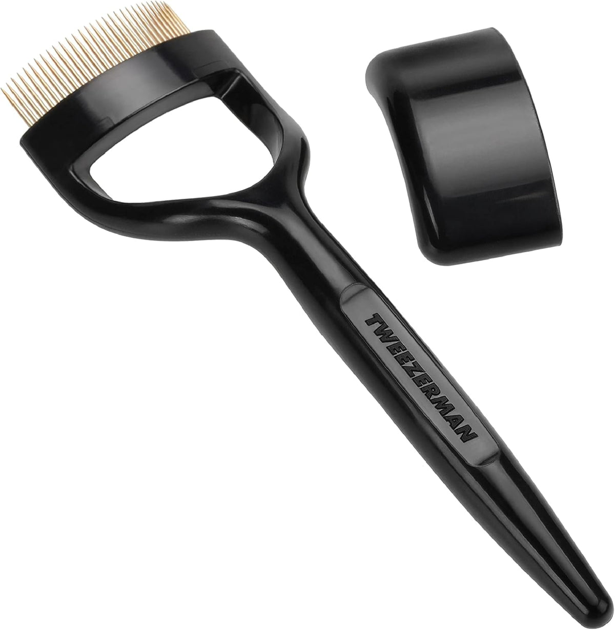 Tweezerman Curl 38 lashcomb with gold-plated teeth for clean mascara removal and separation.