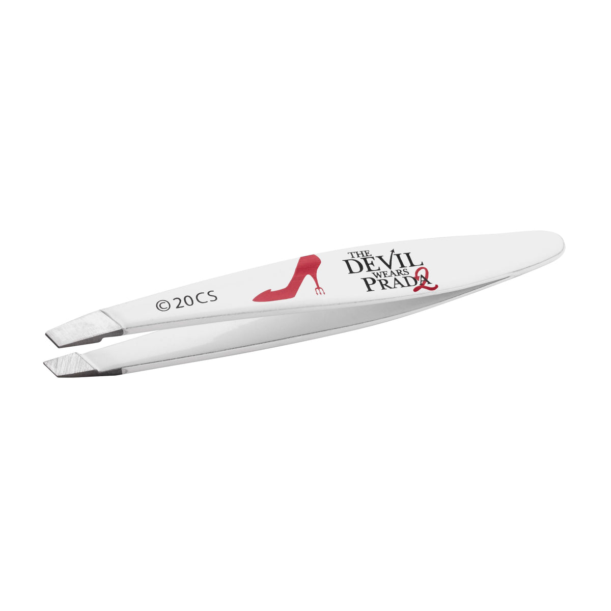 Tweezerman Devil Wears Prada 2 Mini Slant Tweezer tip closeup for precise root hair removal