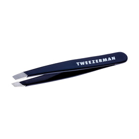 Tweezerman Evening Blue Mini Slant Tweezer front view for precise brow grooming.