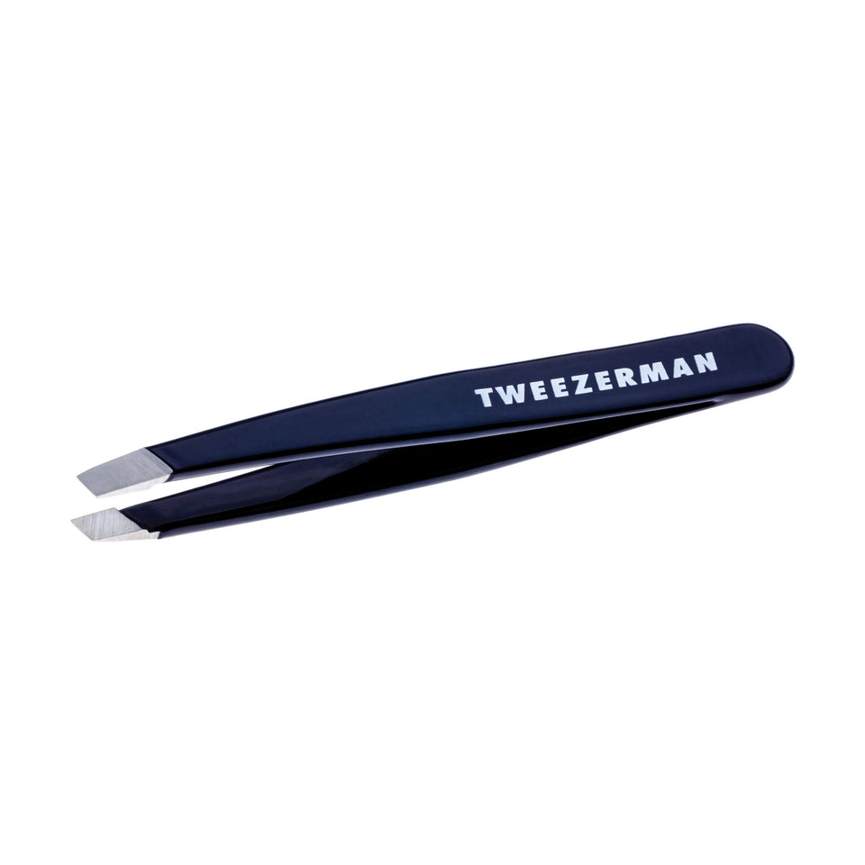 Tweezerman Evening Blue Mini Slant Tweezer front view for precise brow grooming.