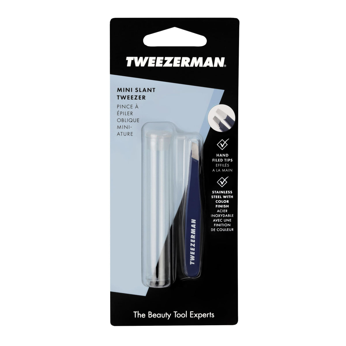 Tweezerman Evening Blue Mini Slant Tweezer held for precise control and steady grip.