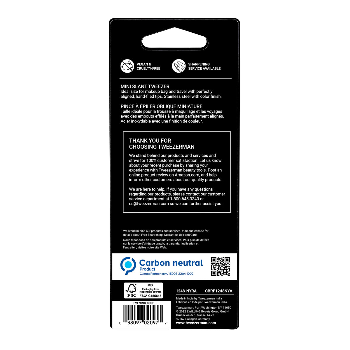 Tweezerman Evening Blue Mini Slant Tweezer packaging highlights exclusive Amazon color option.