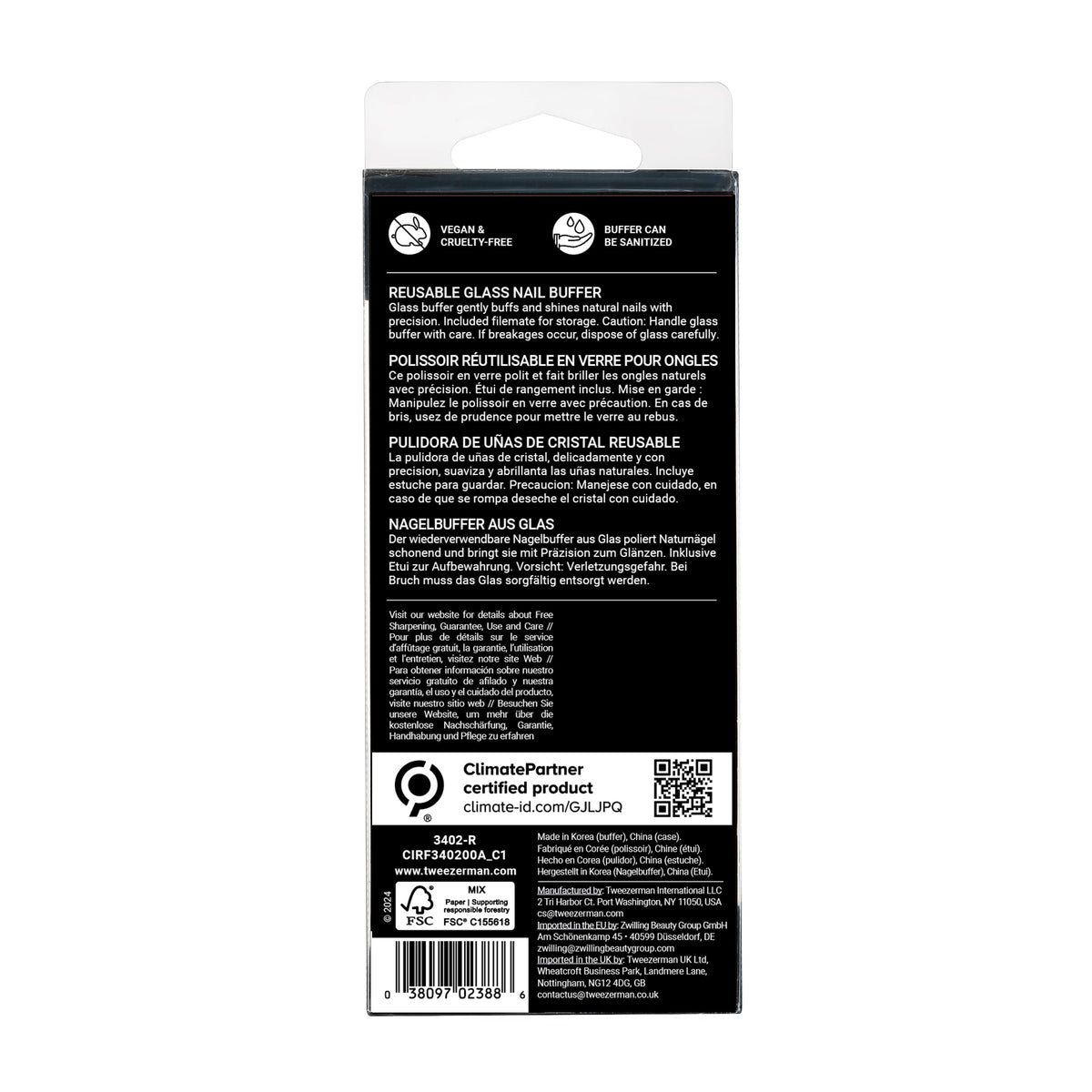 Tweezerman Glass Nail Buffer's durable glass construction supports long-lasting use.