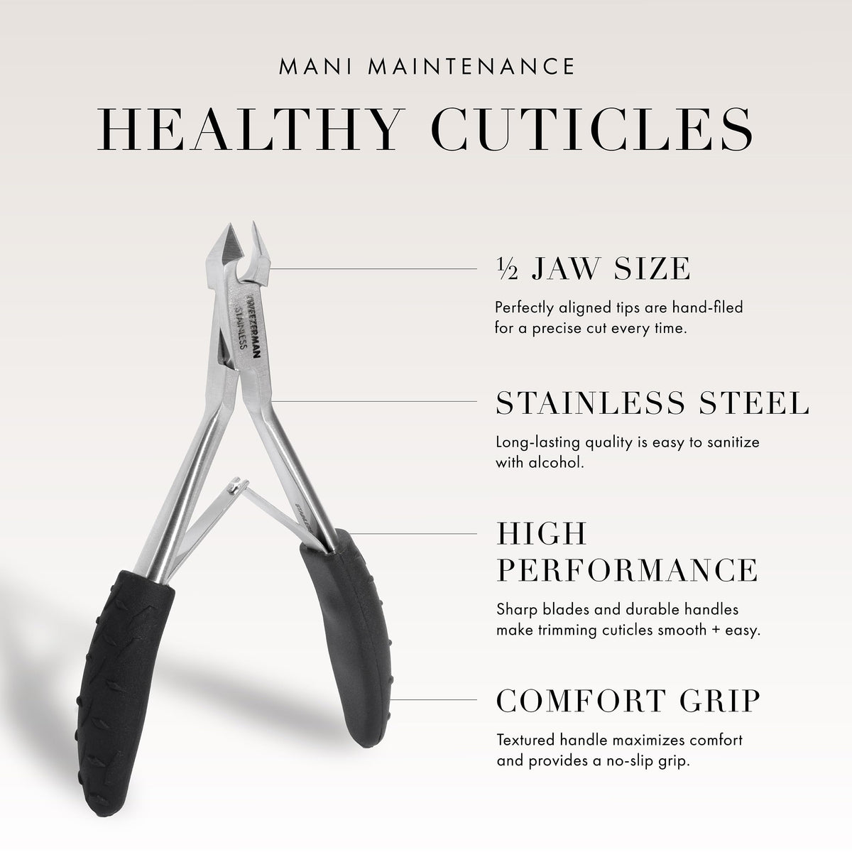Double-spring mechanism on Tweezerman nipper reduces hand fatigue