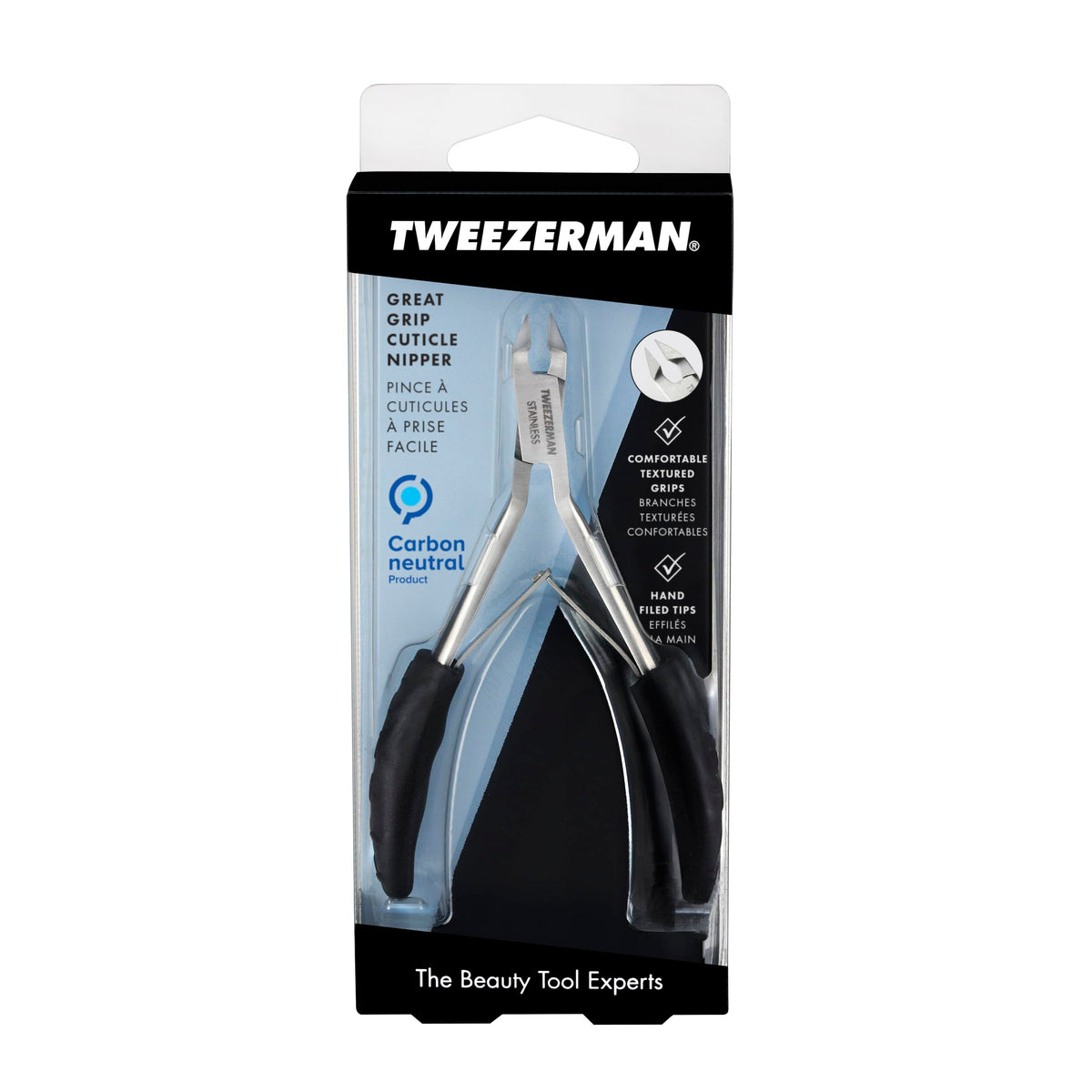 Left- and right-handed friendly design on Tweezerman cuticle nipper