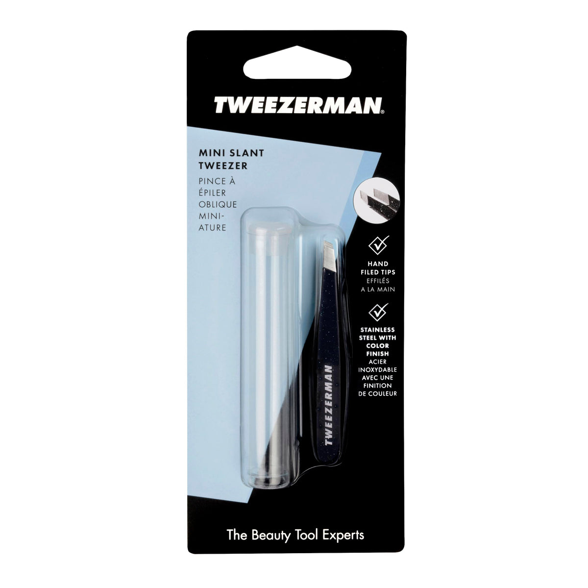 Tweezerman Mini Slant Tweezer hair removal action showing root-level grab