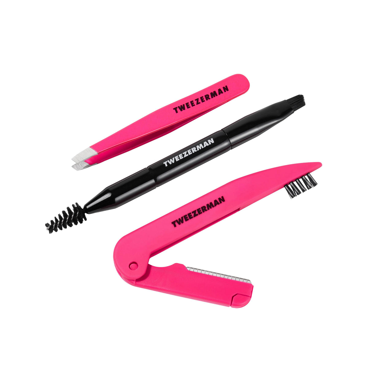 Tweezerman pink and black mini brow rescue kit case for on-the-go grooming