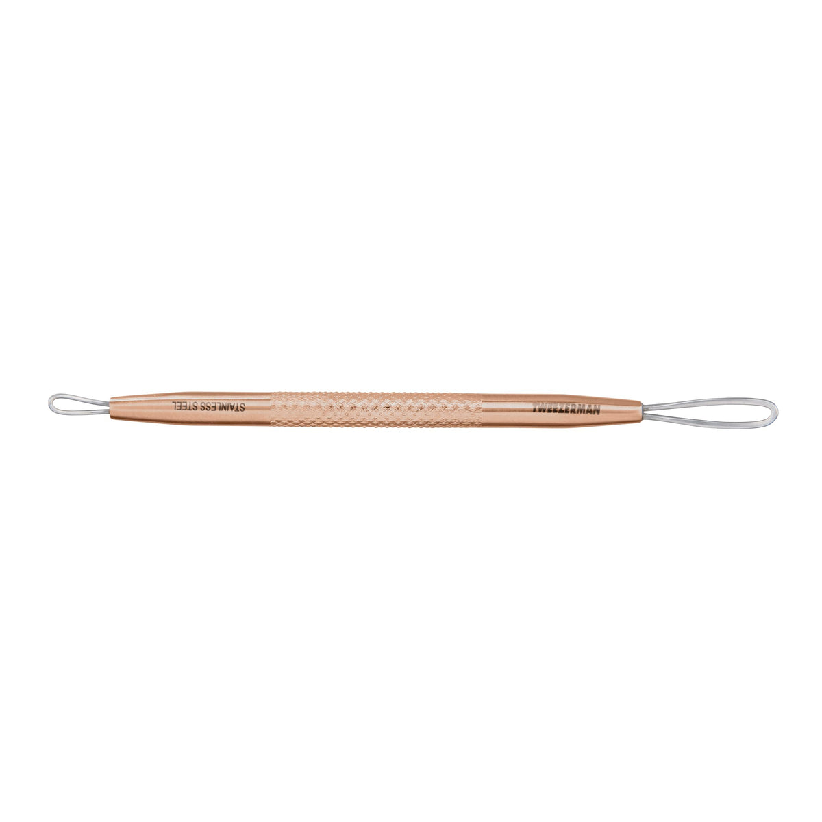 Tweezerman Rose Gold No Slip Skin Care Tool dual-sided design for safe pore extraction.