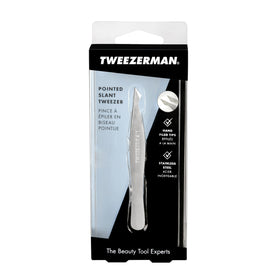 Tweezerman slanted-point tweezer gripping coarse hair with ease.