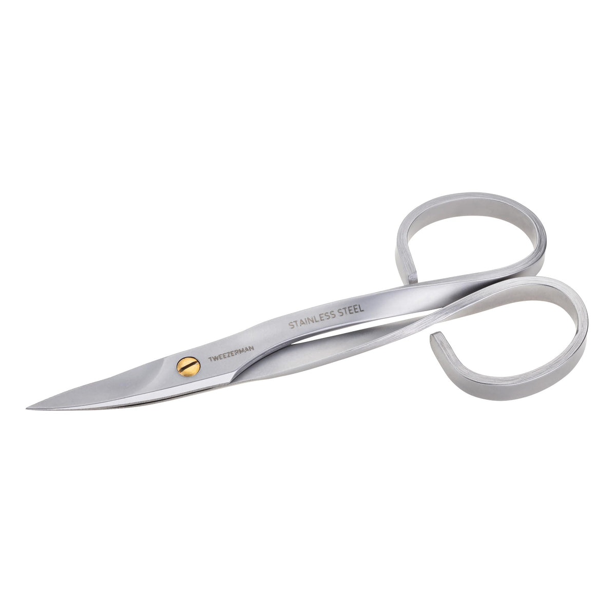 Tweezerman stainless steel nail scissors front view showing curved blades for precision trimming.
