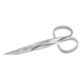 Tweezerman stainless steel nail scissors front view showing curved blades for precision trimming.