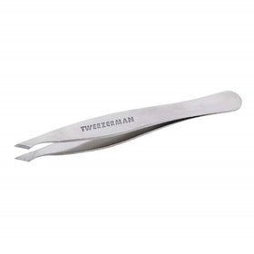 Tweezerman stainless steel slanted-point tweezer closeup for precise brow shaping.
