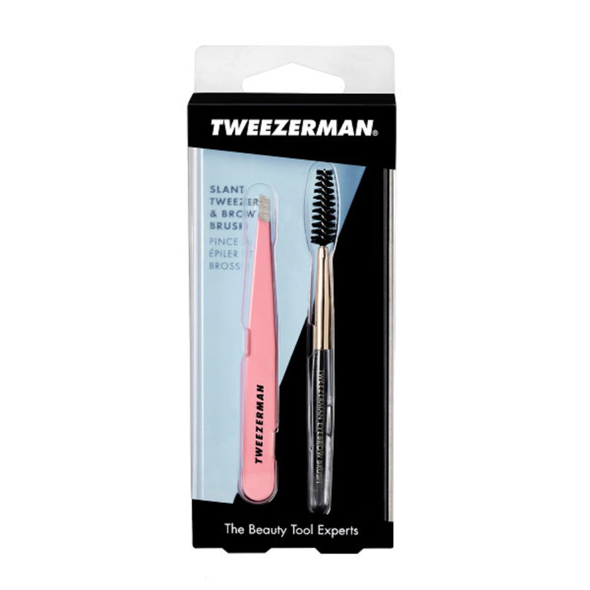 Tweezerman Tea Rose kit shown on counter for everyday brow grooming