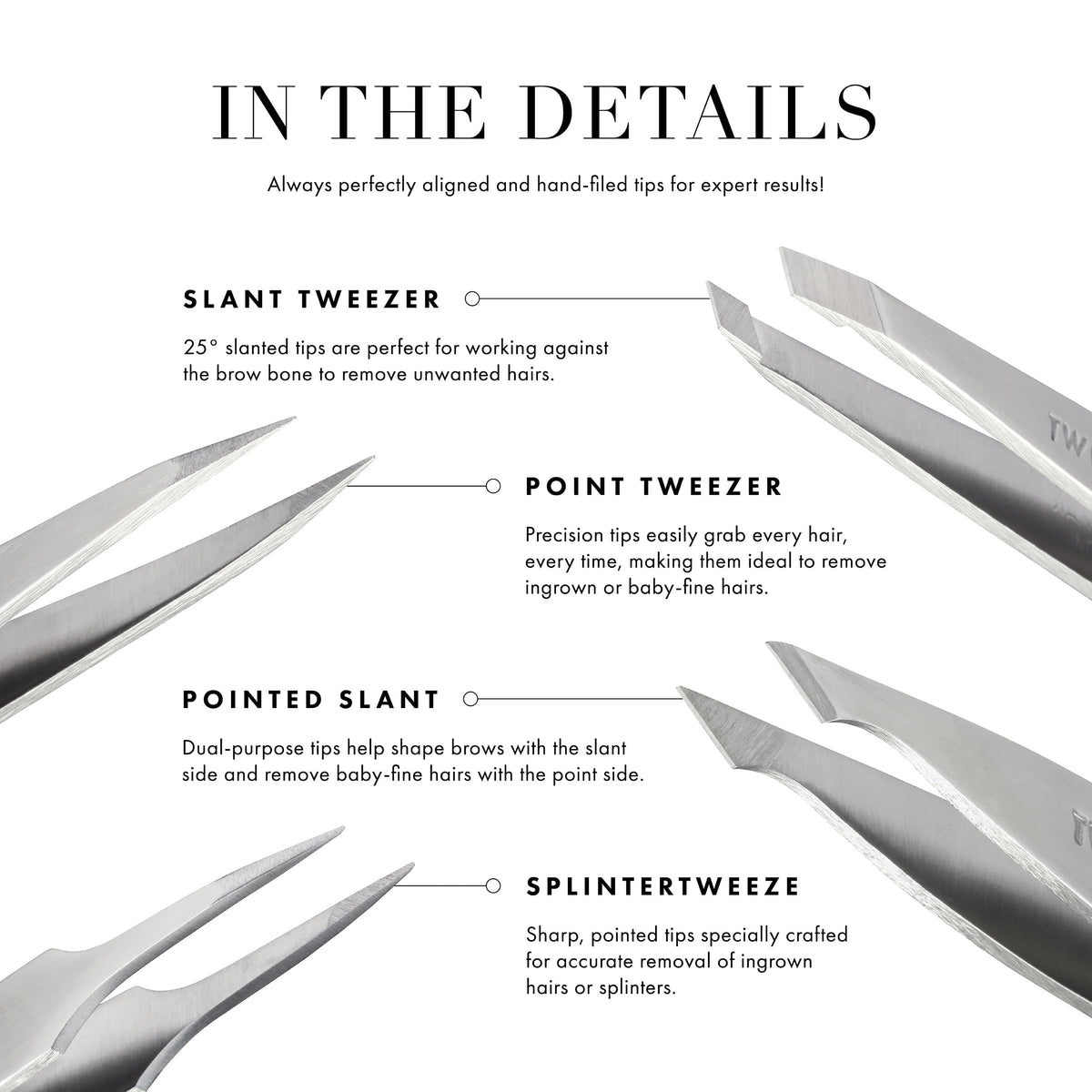 Tweezerman Tea Rose Slant Tweezer tips perfectly aligned for reliable root-level removal
