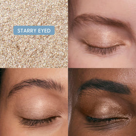 Twenty/Twenty Beauty Starry Eyed swatch reveals shimmering champagne glow for versatile looks.