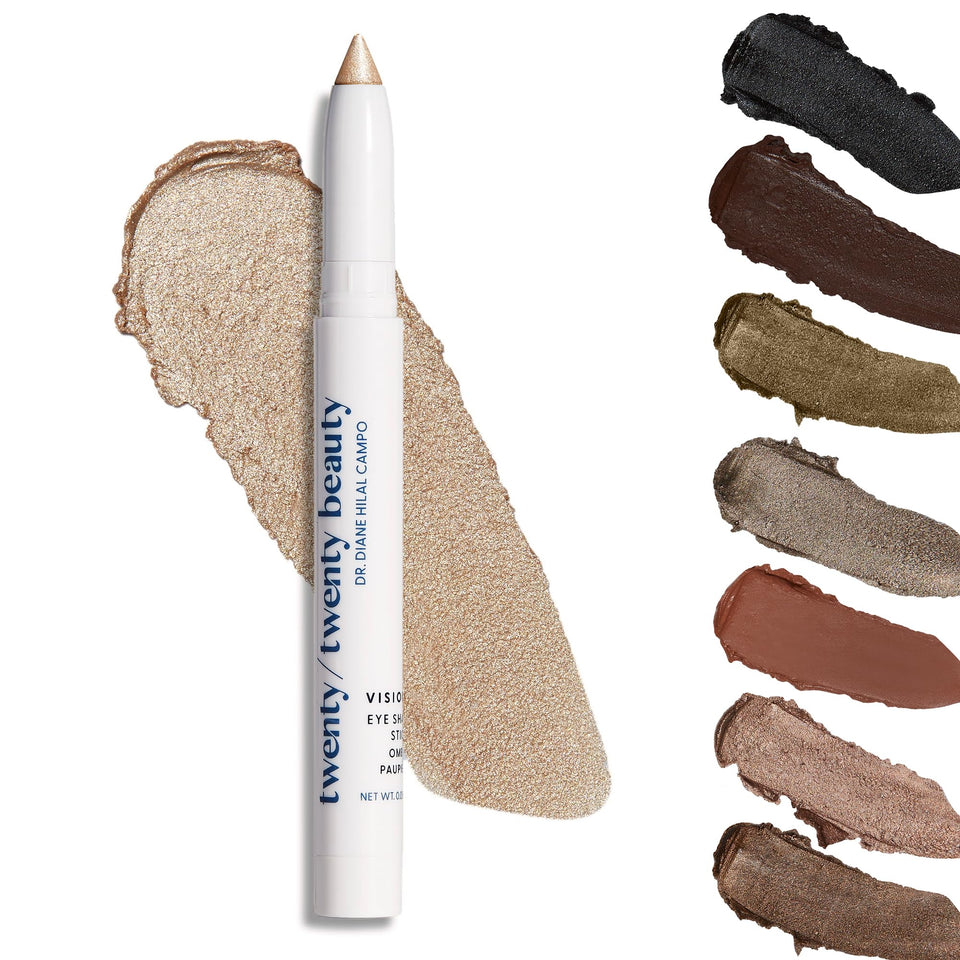 Twenty/Twenty Beauty Visionary Eye Shadow Stick packaging highlights clean ingredients and eye safety.