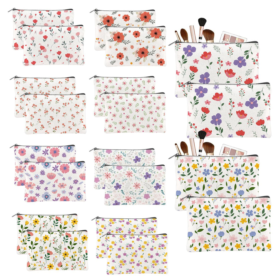 TwinkleMon flower canvas makeup bag front pattern showing bright florals for easy organization