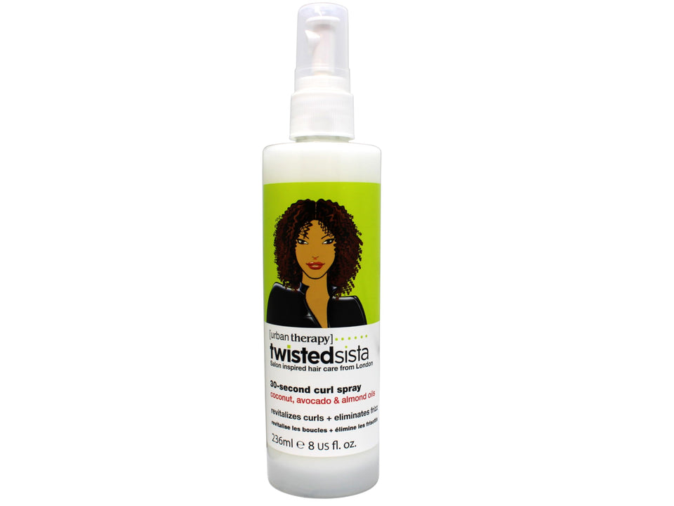 Twisted Sista 30 Second Curl Spray bottle delivers a light mist for hydrated curls.