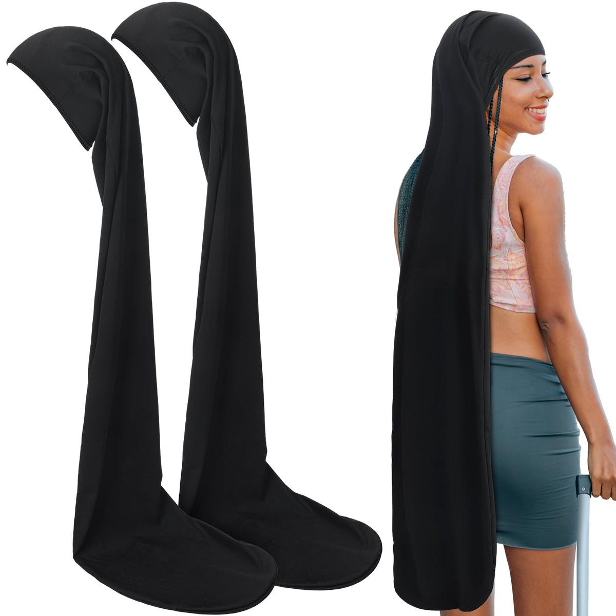 Twistover dreadlock cap in black, 50 inch length for long locs and full coverage