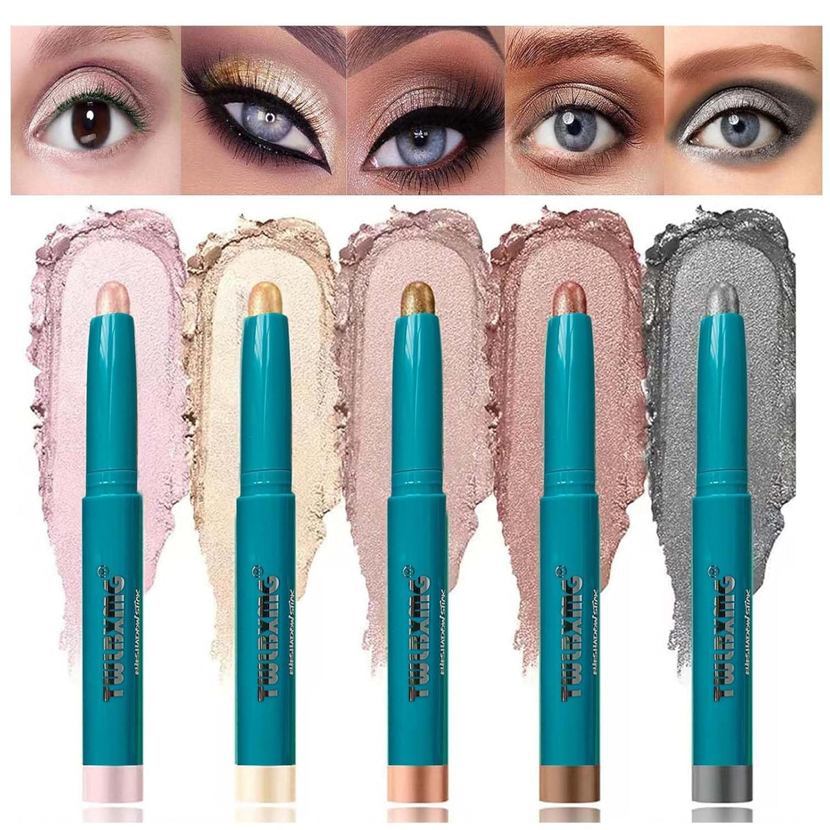 TWLBXMG 5-color eyeshadow stick set swatches show creamy glide for smooth color.