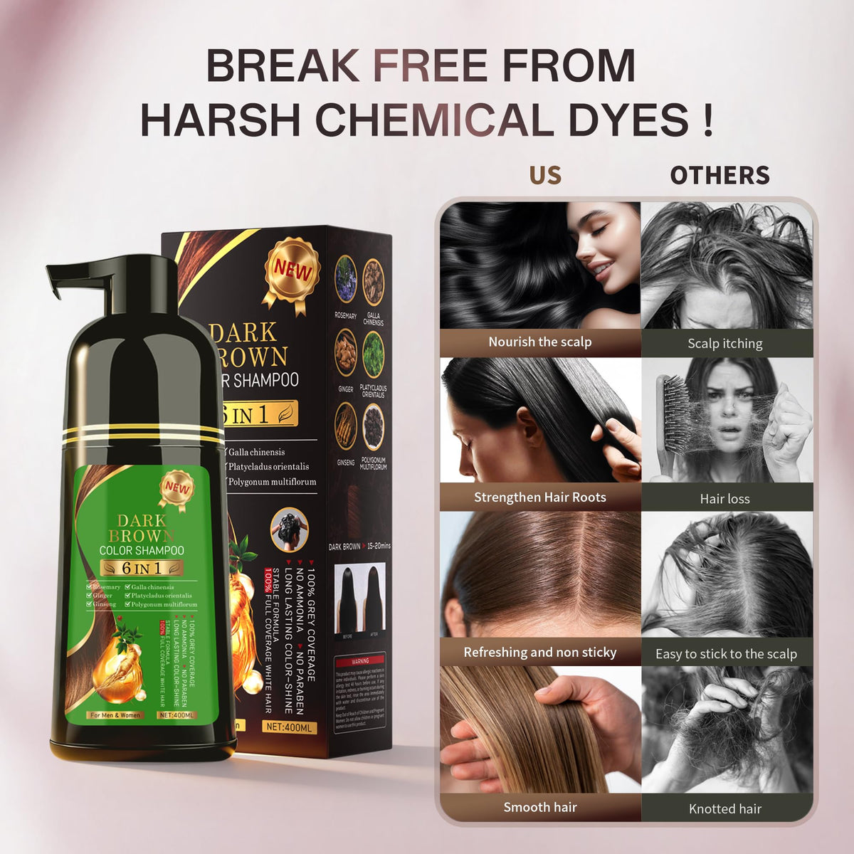 TWMINYUE 6-in-1 formula with color, care, repair, and nourishment icons.