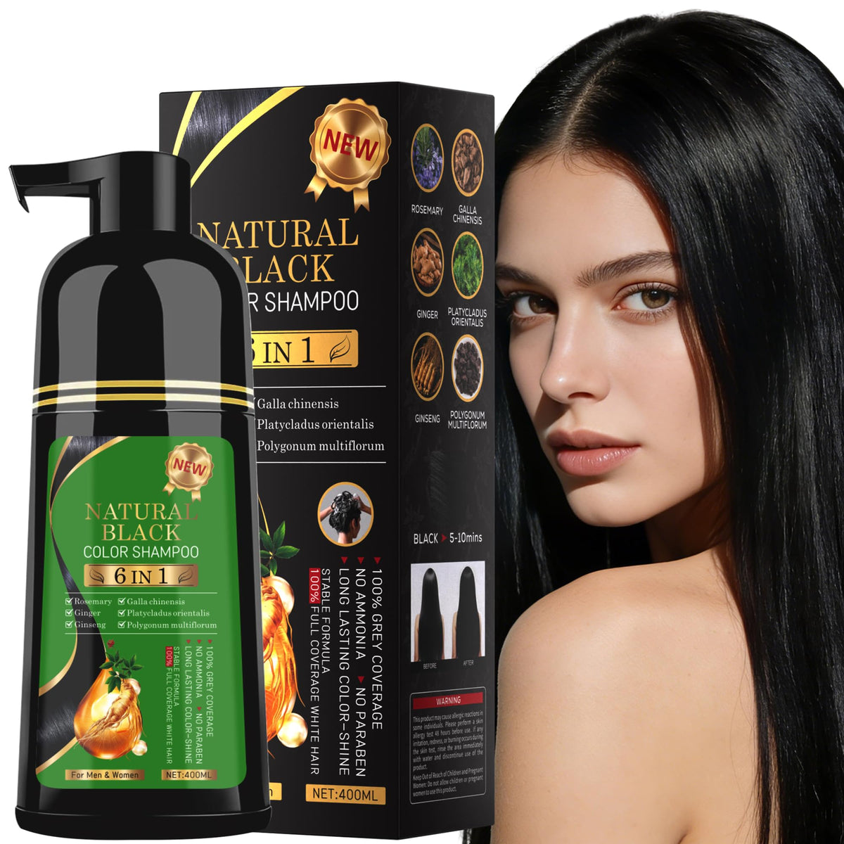 TWMINYUE black hair dye shampoo packaging highlights an easy at-home color kit.