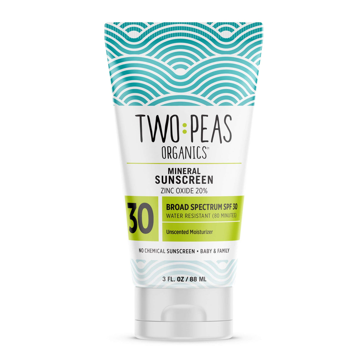 Two Peas Organics Mineral Sunscreen SPF 30 lotion image, unscented reef-safe protection for family skin.