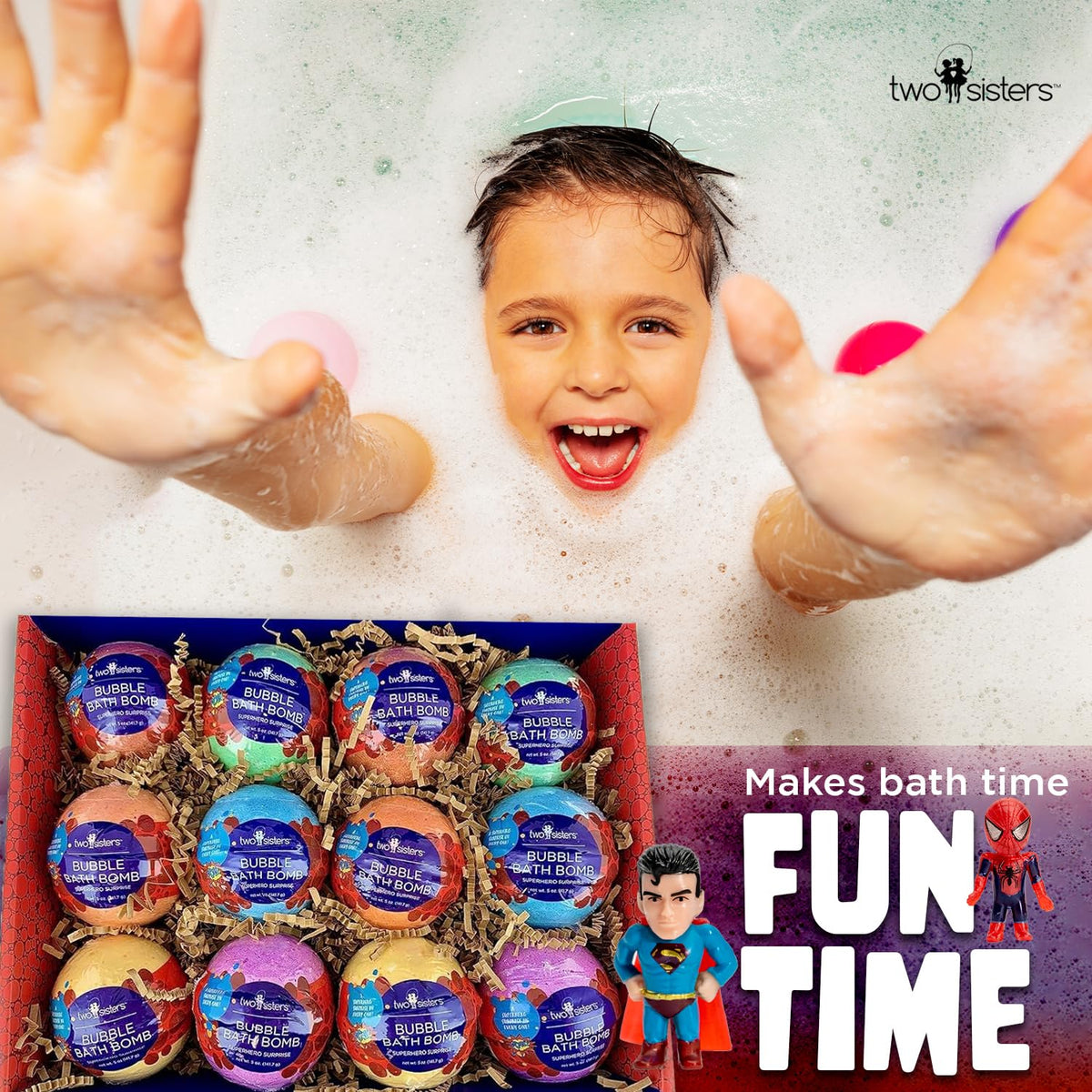 Bright colorful bubbles from Two Sisters bath bombs brighten bath time.