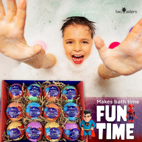 Bright colorful bubbles from Two Sisters bath bombs brighten bath time.