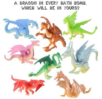 Dragon bath bomb reveals collectible toy inside as it fizzes for kids.
