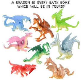 Dragon bath bomb reveals collectible toy inside as it fizzes for kids.