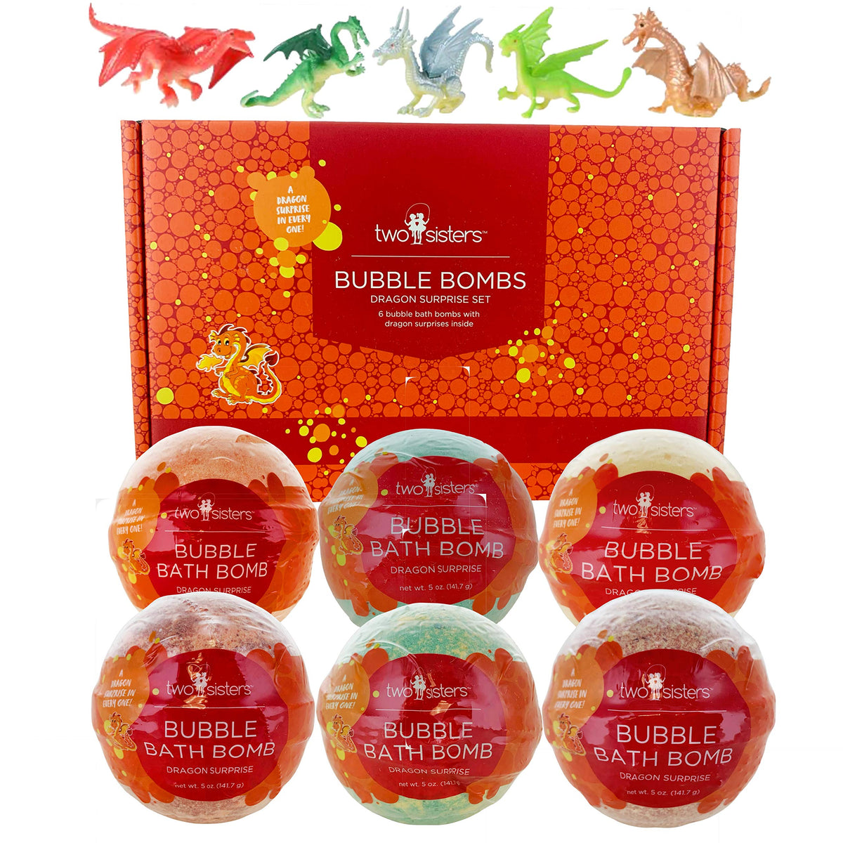Two Sisters dragon bath bomb with surprise toy for kids in a vibrant six-pack.