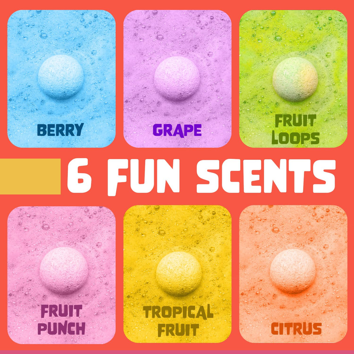Two Sisters citrus scent bath bomb with skin-safe formula for gentle play.