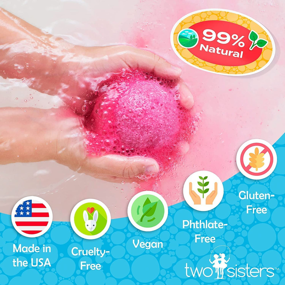 Two Sisters Mystical Bath Bomb delivers vibrant foam and color.