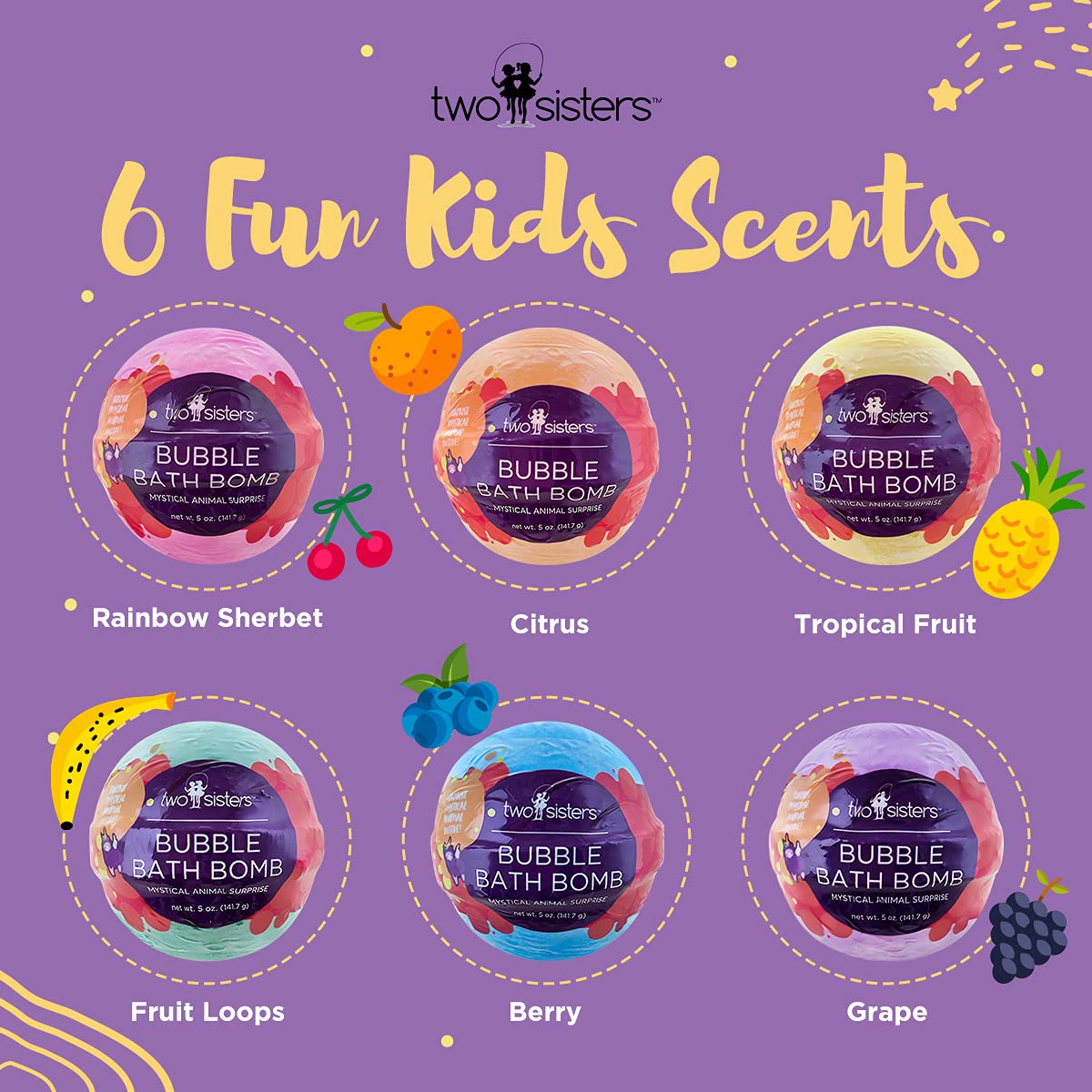 Two Sisters Mystical Bath Bomb releases fruity scents for a playful bath.
